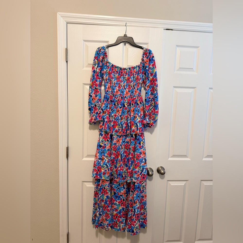 Pink Lily Blue Floral Tiered Maxi Dress with Red & Pink Flowers